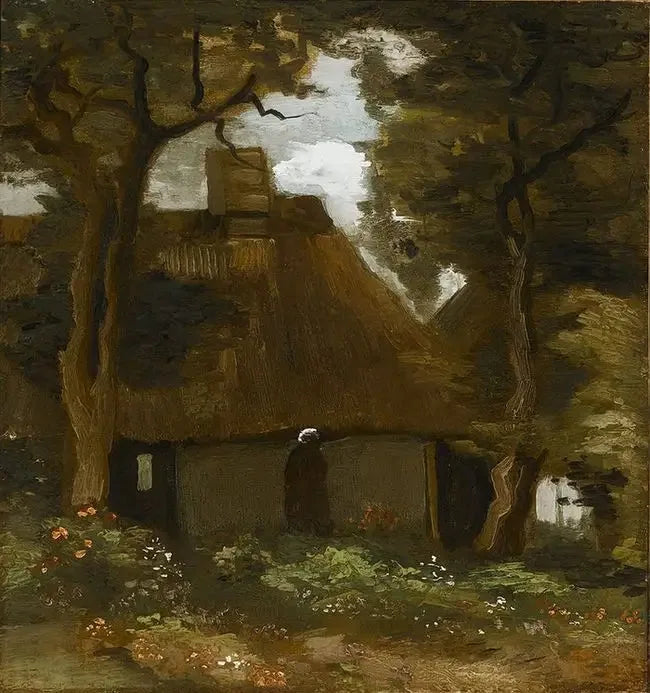 Chalet with trees and peasant woman - Vincent van Gogh
