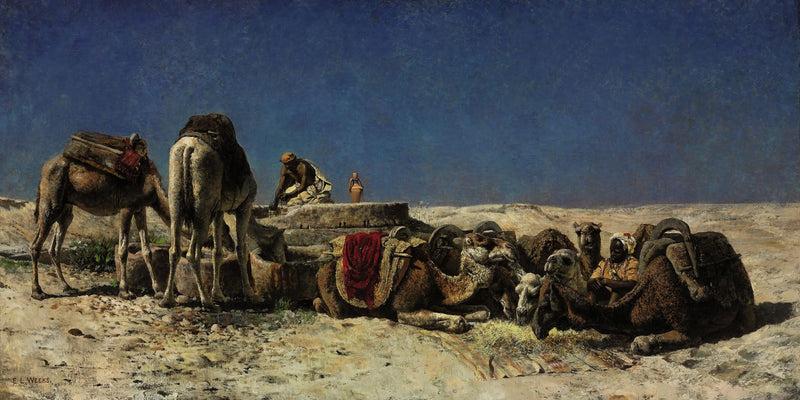 Camels next to a water tank - Edwin Lord Weeks