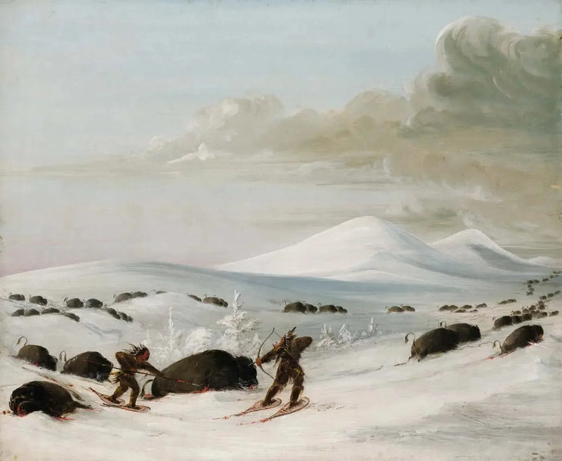 Bison Hunt in the Snowdrifts, Pursuit by Indians on Snowshoes - George Catlin