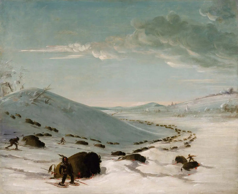 Bison Hunt in Winter, Indians in Snowshoes - George Catlin