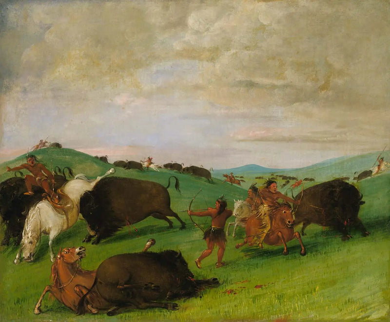 Bison Hunt, Bulls Fighting with Men and Horses - George Catlin