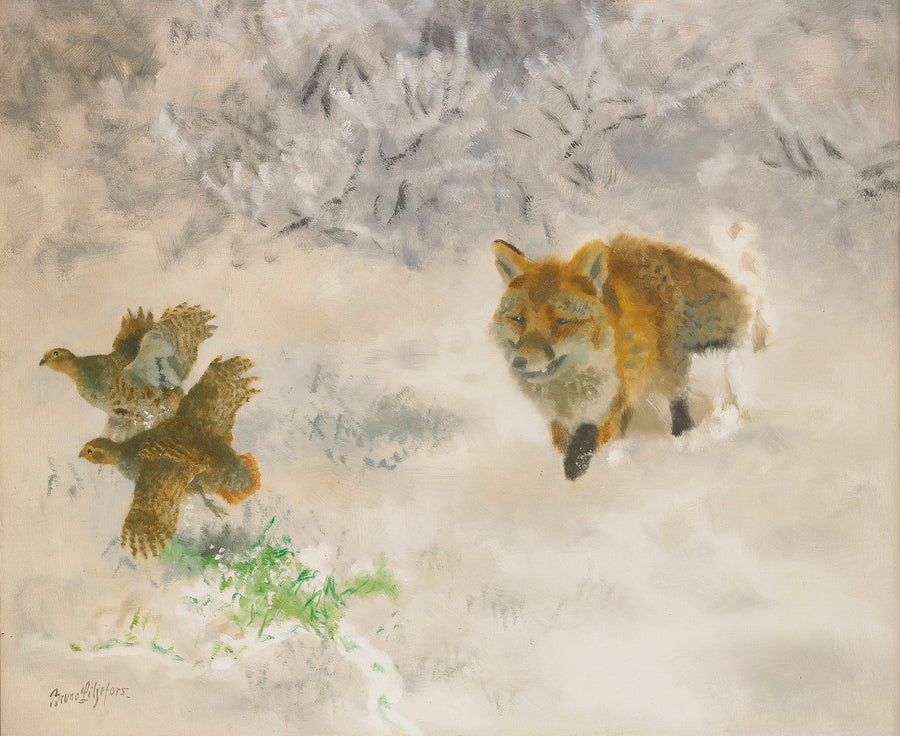 Fox and black grouse hunting in a winter landscape - Bruno Liljefors