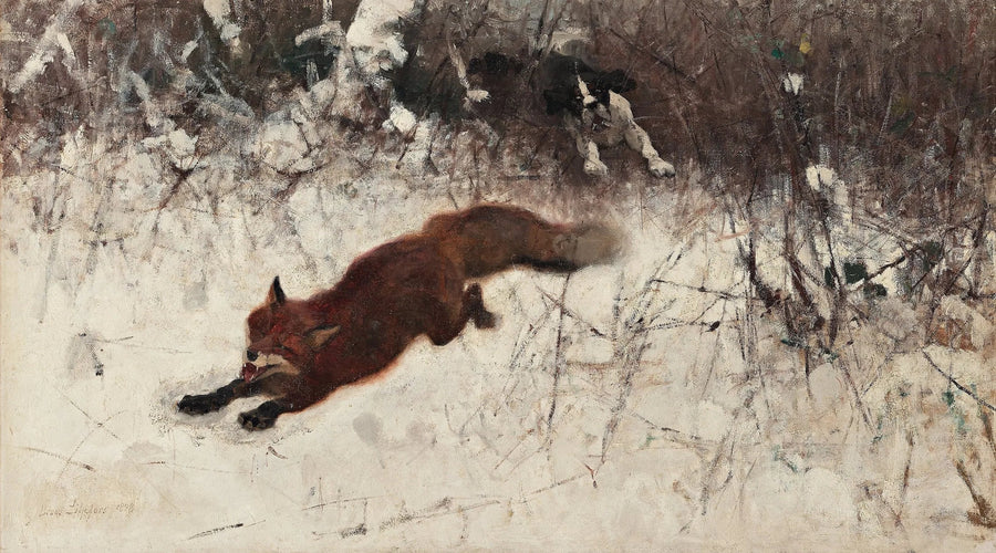 Winter fox hunting with a hunting dog - Bruno Liljefors