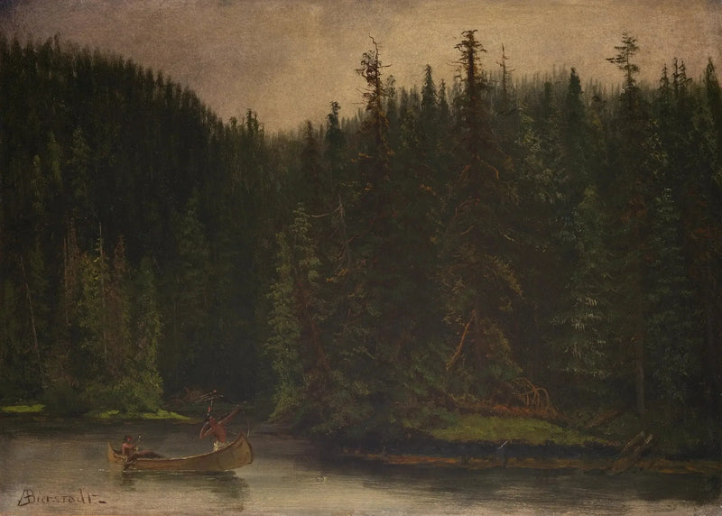 Indian hunters in a canoe - Albert Bierstadt