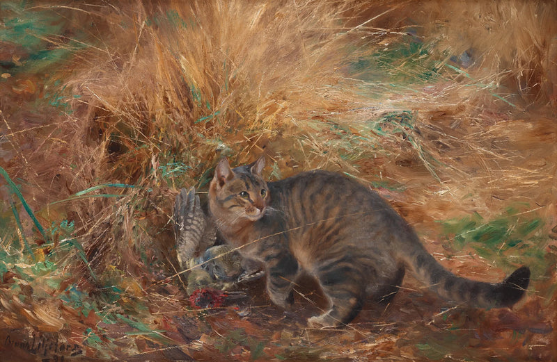 Cat with a European green woodpecker - Bruno Liljefors
