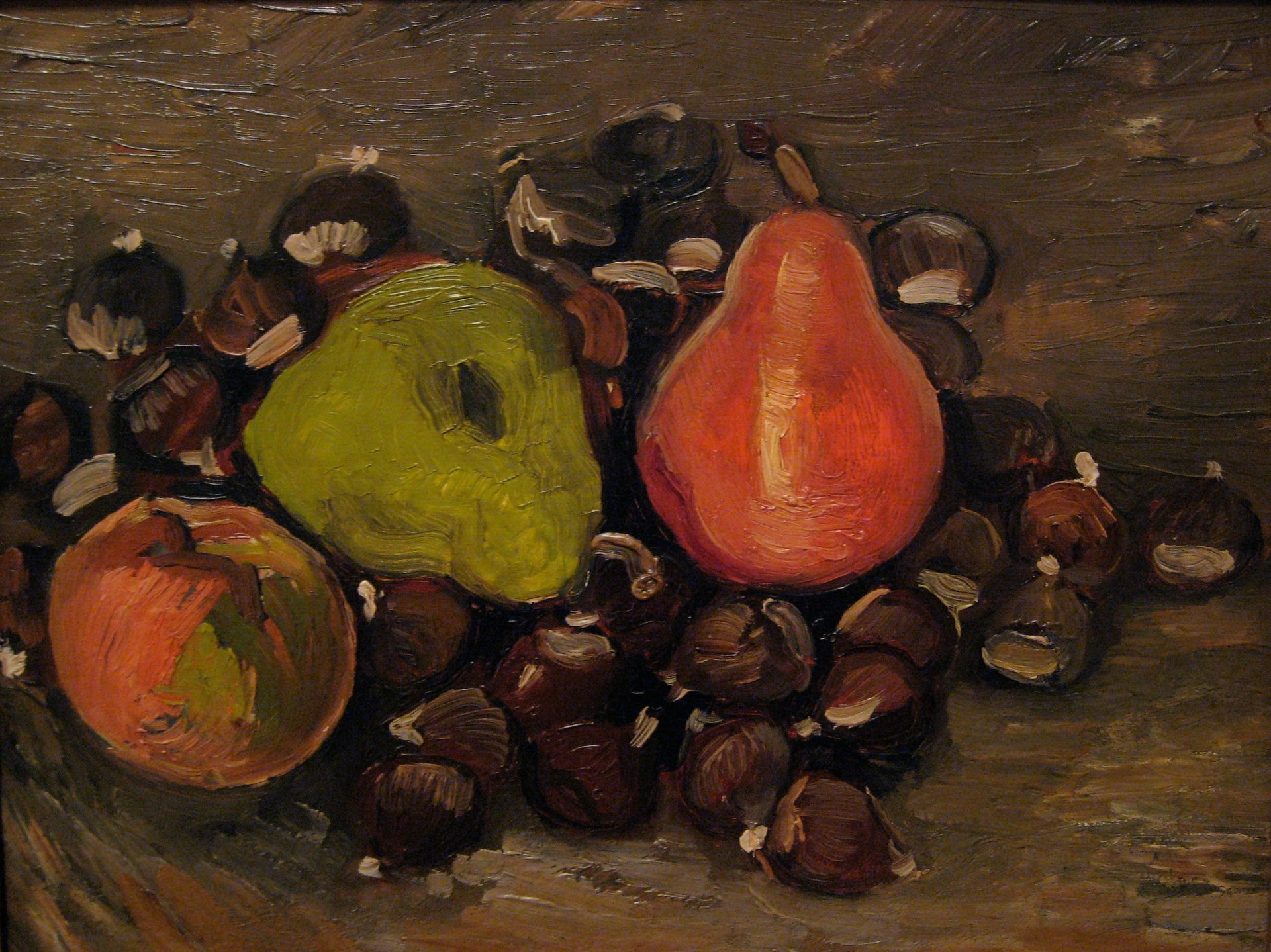Châtaignes et poires — fruits verts et rouges parmi des châtaignes peints par Vincent van Gogh en 1886