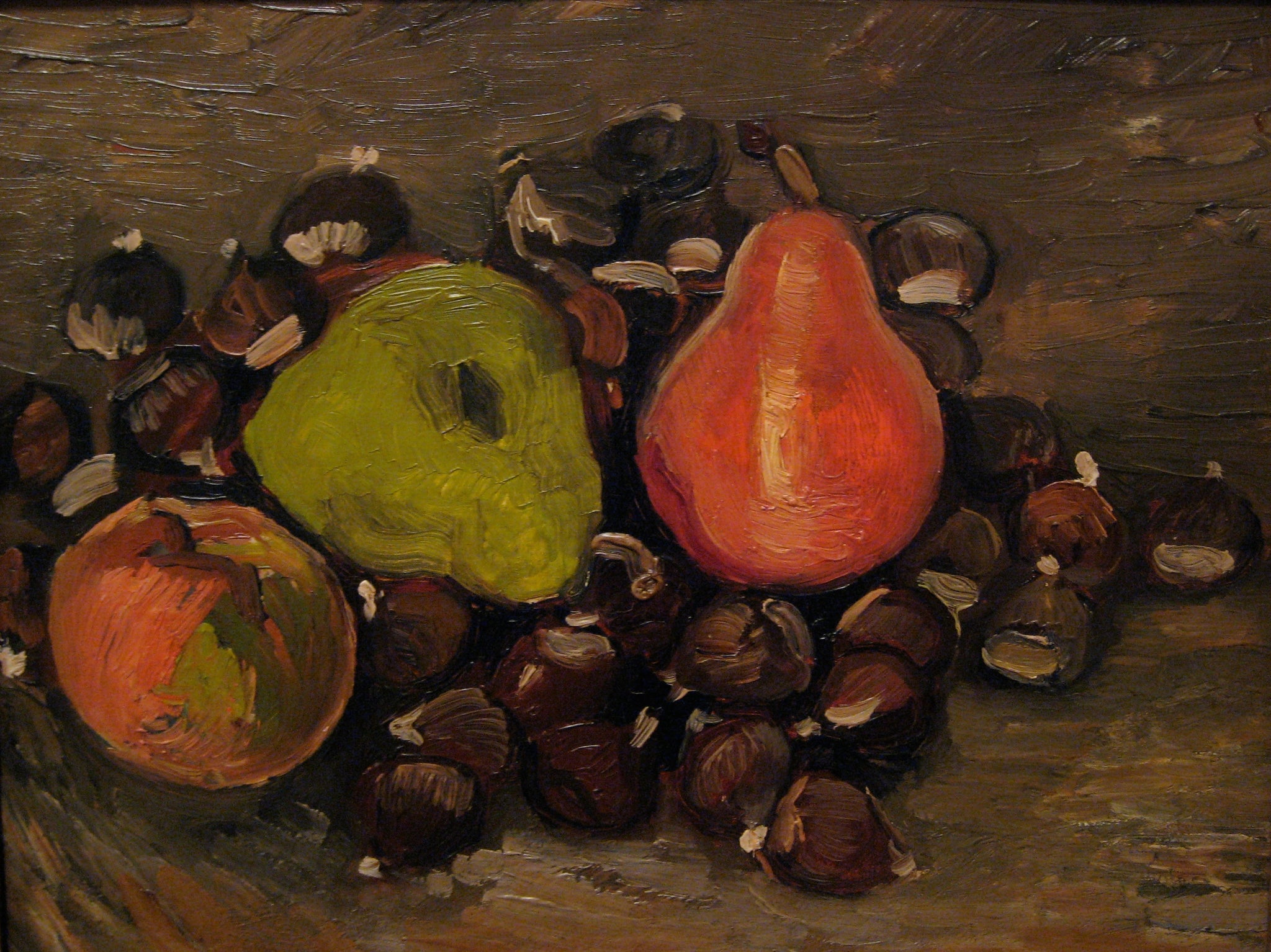 Châtaignes et poires — fruits verts et rouges parmi des châtaignes peints par Vincent van Gogh en 1886