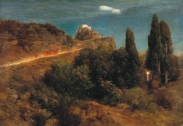 Mountain castle with a procession of knights - Arnold Böcklin