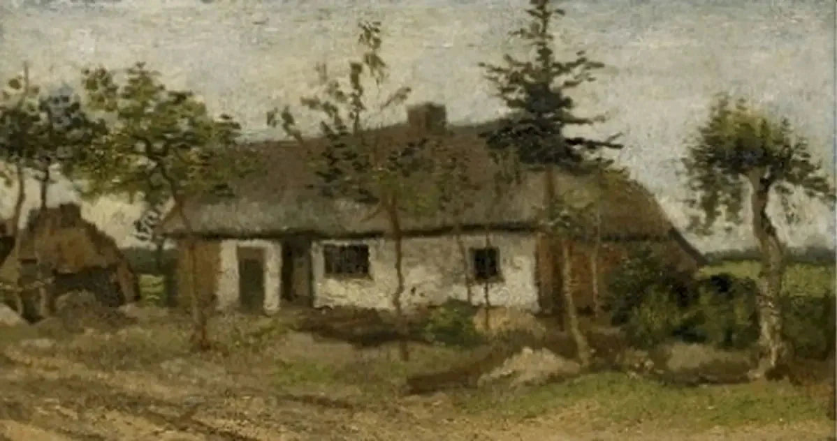 Chaumière avec des arbres F91 — longue maison blanche au toit de chaume dans la campagne de Nuenen par Vincent van Gogh
