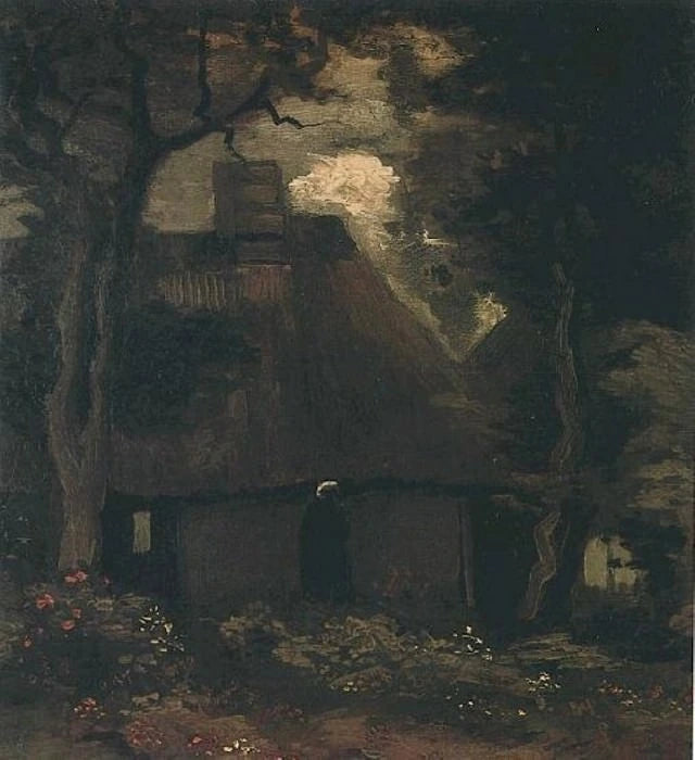 Chalet with trees and peasant woman - Vincent van Gogh