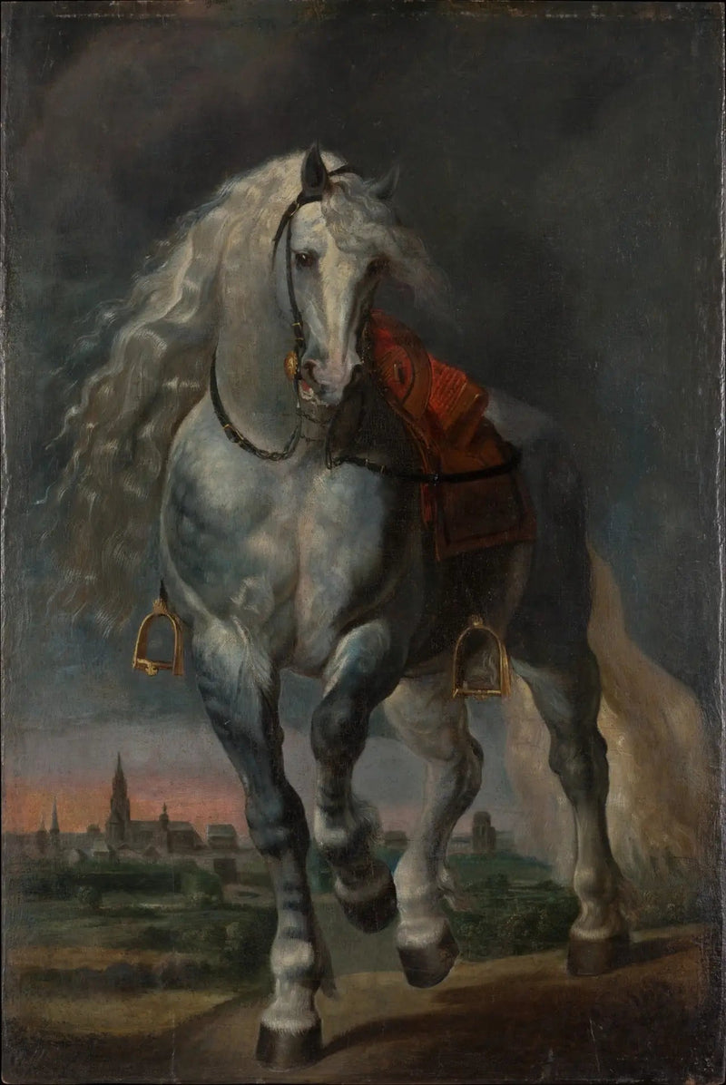 White horse trotting on a flat landscape in front of a city - Peter Paul Rubens
