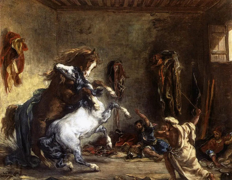 Arab Horses Fighting in a Stable - Eugène Delacroix