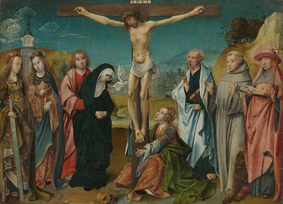 Christ en croix avec Marie, Jean, Marie-Madeleine et les saintes Cécile et Barbara (à gauche) et Pierre, François et Jérôme (à droite) - Cornelis Engebrechtsz