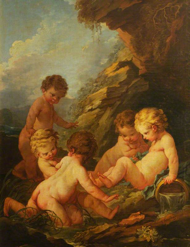Five naked children playing by a rocky pool - François Boucher