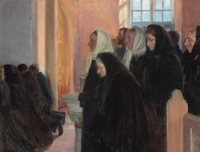 Communion in the church of Skagen. Sunlight filters through the stained-glass windows. - Anna Ancher