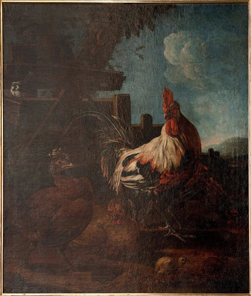 Rooster with hens and chicks - Melchior de Hondecoeter