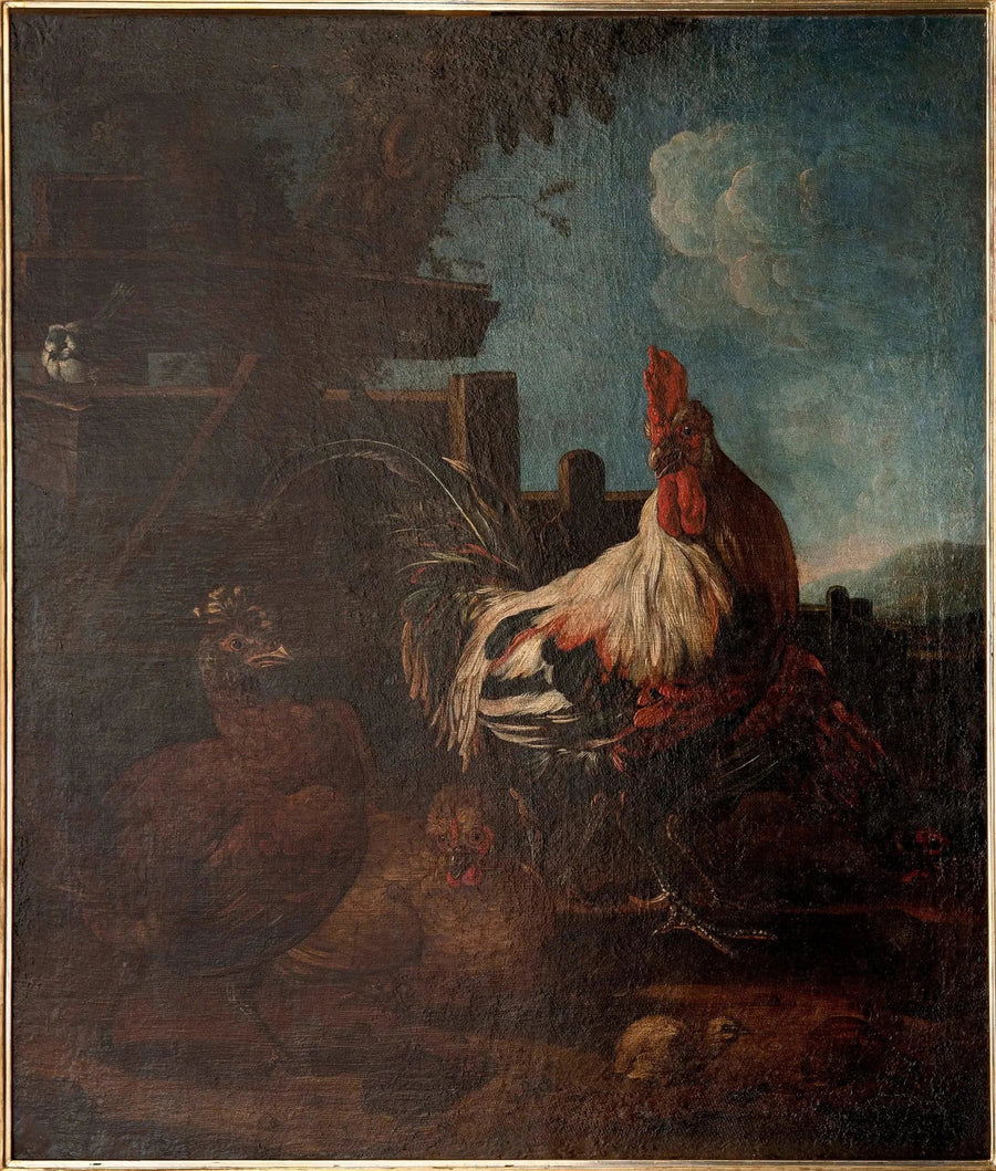 Rooster with hens and chicks - Melchior de Hondecoeter