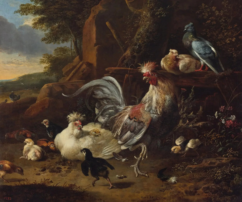 Rooster, hens and other poultry in a courtyard - Melchior de Hondecoeter
