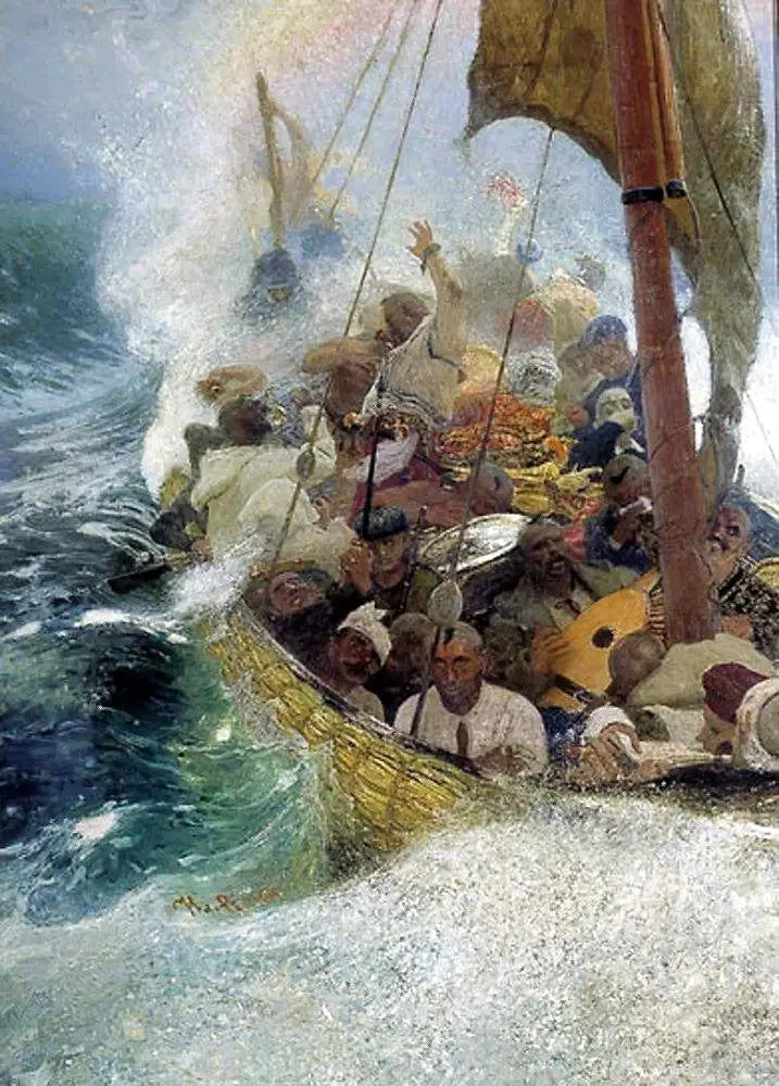 Cossacks on the Black Sea. Zaporizhian Cossacks on a chaika during a storm. - Ilya Repin