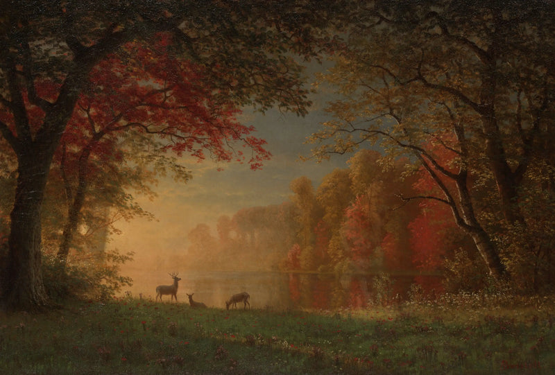 Indian Sunset: Deer by a Lake - Albert Bierstadt