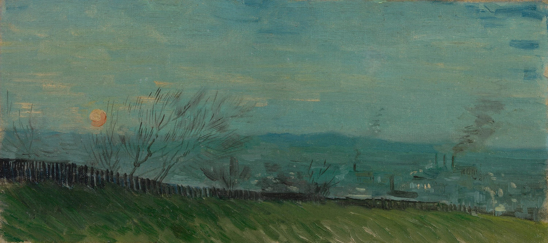 Coucher de soleil à Montmartre, F266a — soleil bas, palissade sombre et panorama parisien peints par Vincent van Gogh