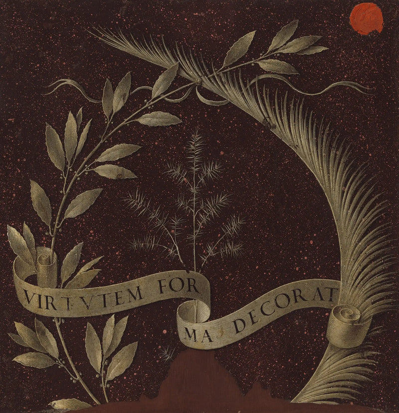 Laurel, palm, and juniper crown with a parchment bearing the inscription Virtutem Forma Decorat [reverse] - Leonardo da Vinci