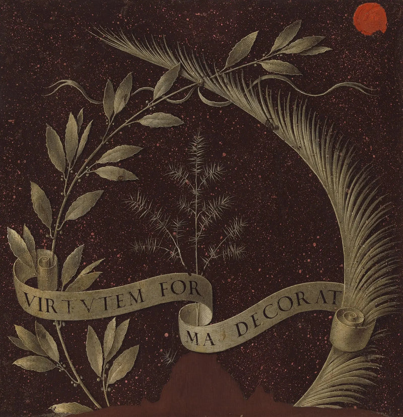 Laurel, palm, and juniper crown with a parchment bearing the inscription Virtutem Forma Decorat [reverse] - Leonardo da Vinci