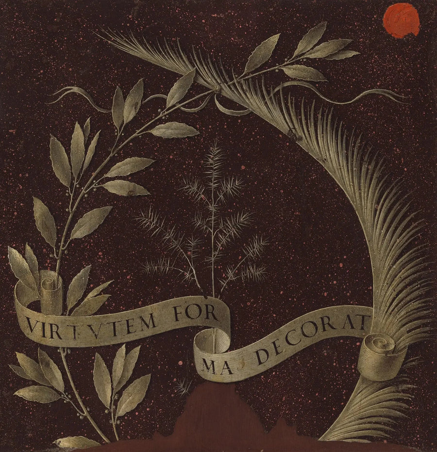 Laurel, palm, and juniper crown with a parchment bearing the inscription Virtutem Forma Decorat [reverse] - Leonardo da Vinci