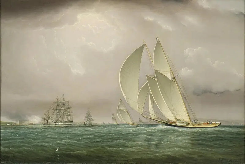 Yacht Race in the Port of New York with Naval Salute at William Castle on Governor's Island - James E. Buttersworth