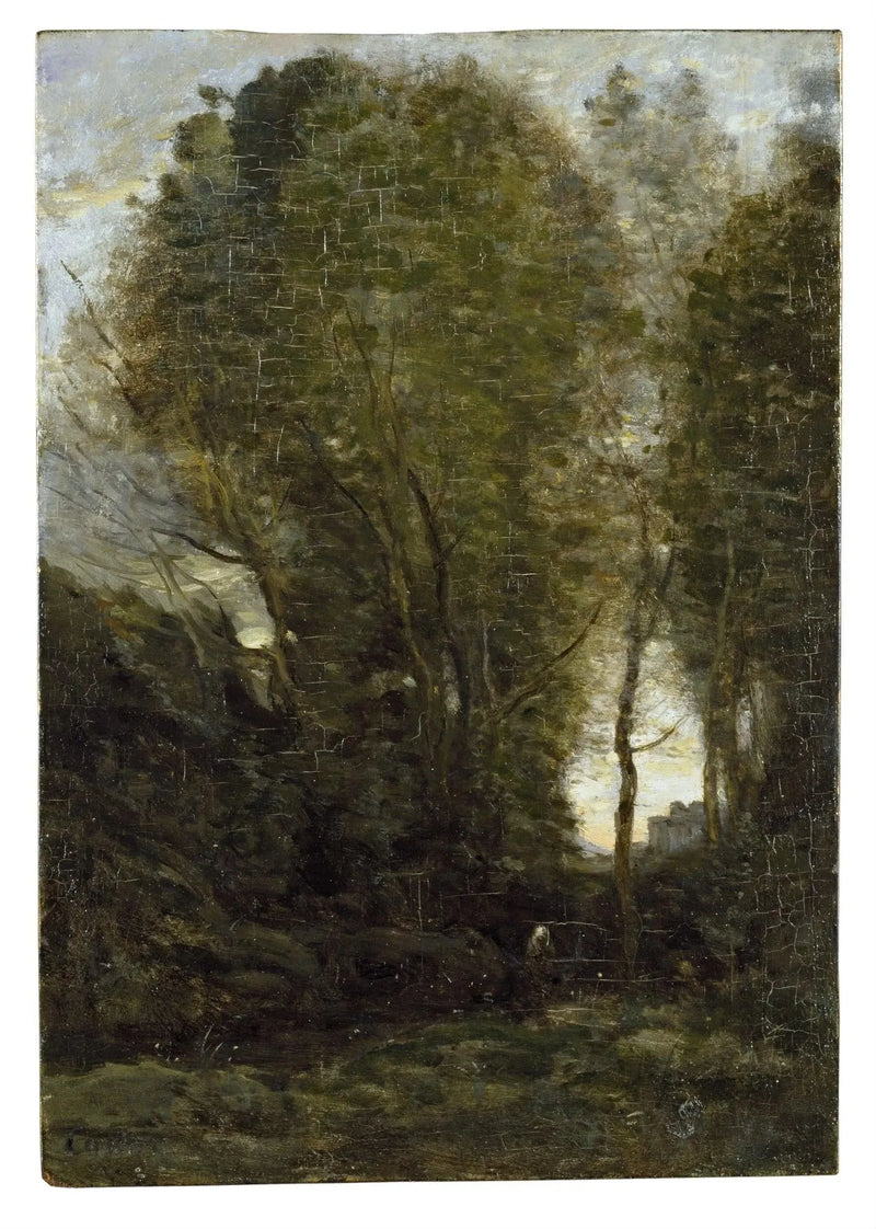 Twilight: Landscape with Large Trees and a Female Figure - Jean-Baptiste Camille Corot