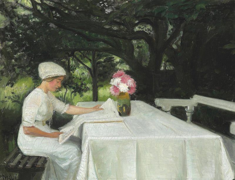 In a garden in Skagen. A young woman is reading a newspaper. - Michael Peter Ancher