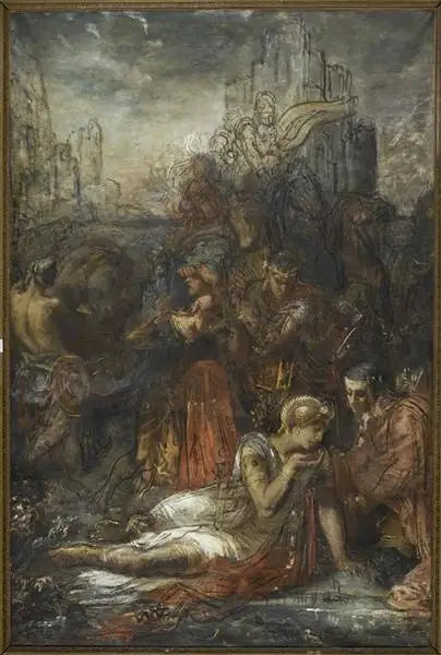 Darius, fleeing after the Battle of Arbelles, stops, exhausted from fatigue, to drink from a pond - Gustave Moreau
