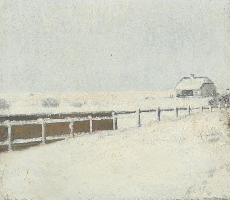 Fences and a chalet under the snow in Skagen. -Michael Peter Ancher