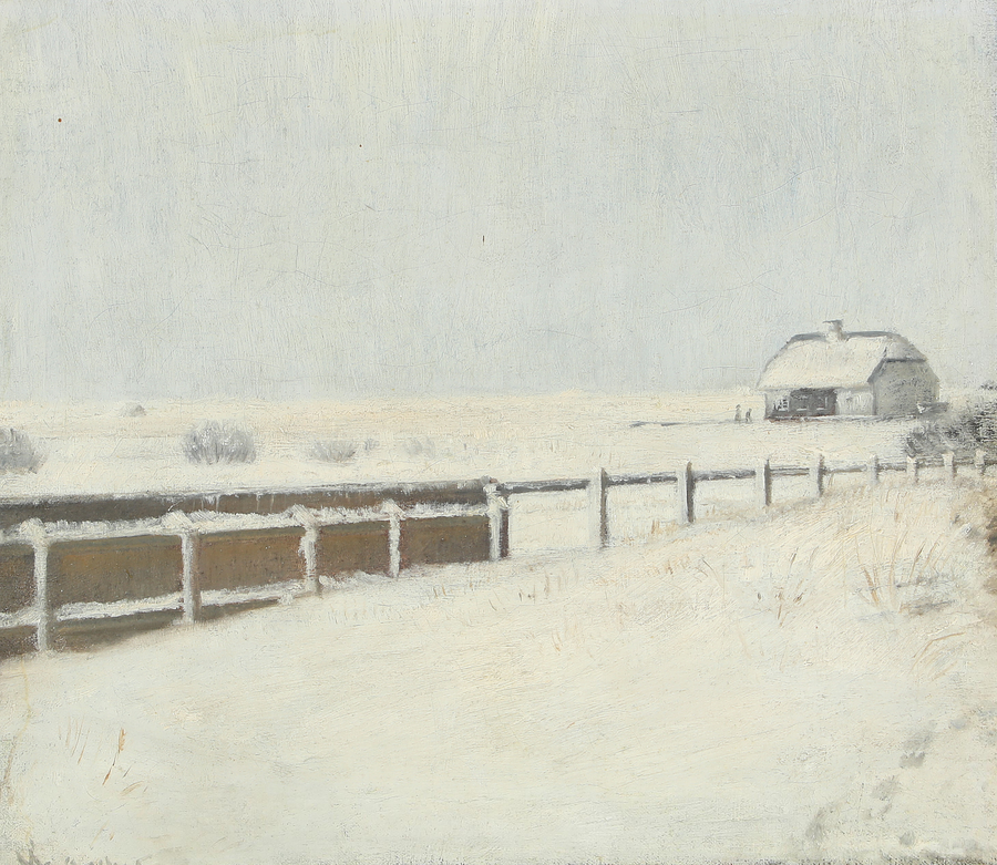 Fences and a chalet under the snow in Skagen. -Michael Peter Ancher