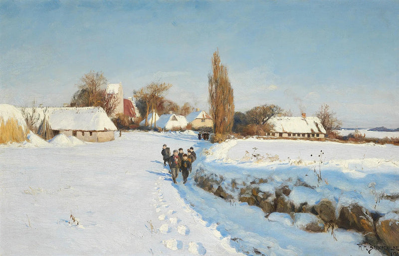 Children walk in the snow on a sunny winter day. - H. A. Brendekilde