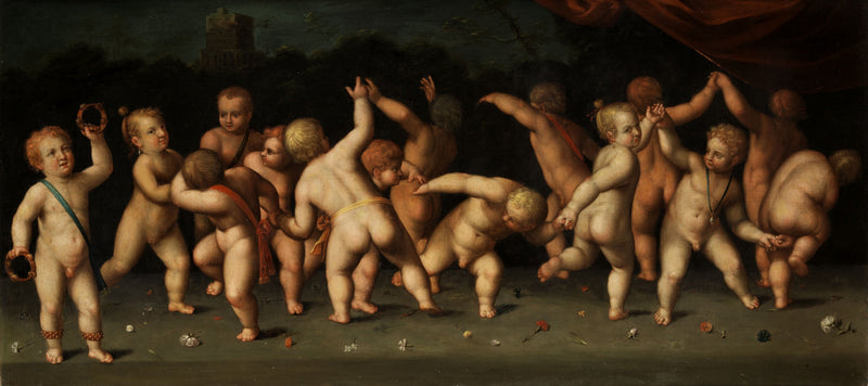 Children dancing in a circle and blowing in a landscape - Denis Calvaert