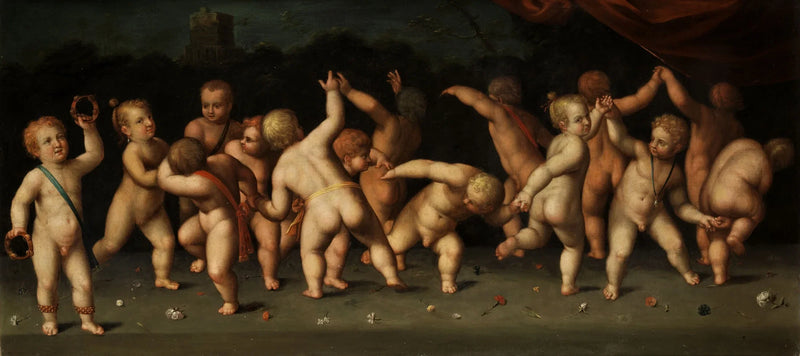 Children dancing in a circle and blowing in a landscape - Denis Calvaert