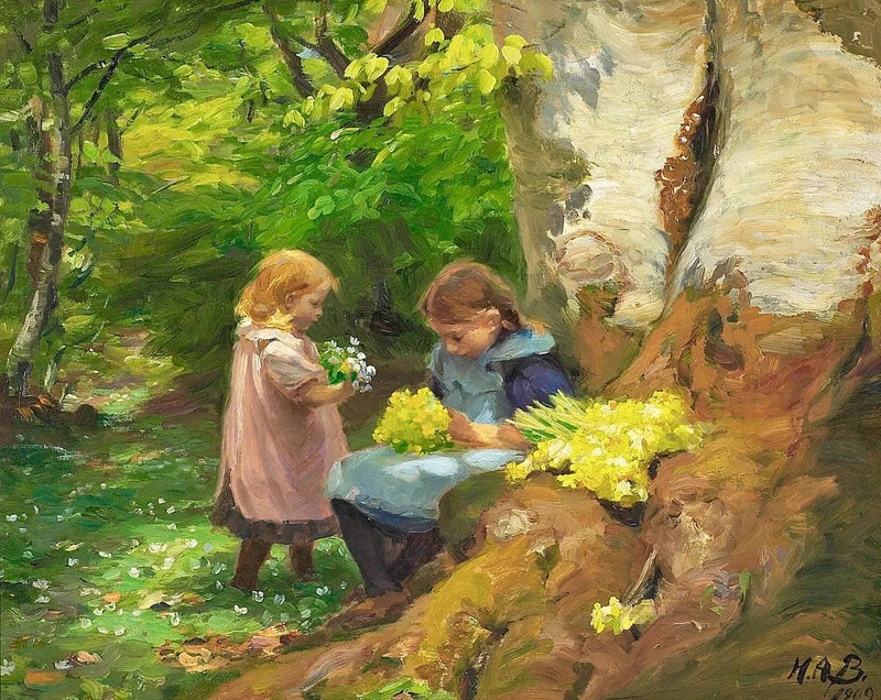 Girls picking anemones and primroses in the woods of Hunnerup near Odense. - H. A. Brendekilde