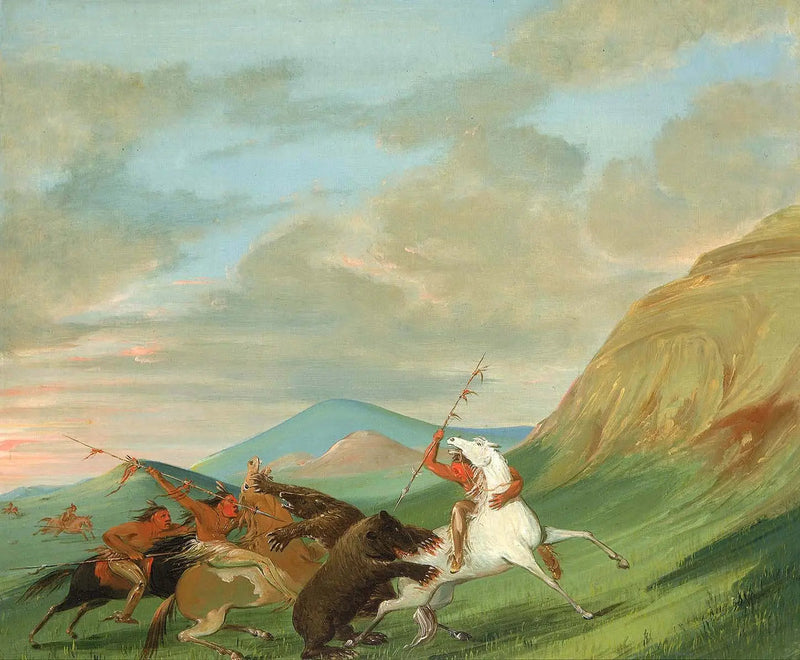Grizzly bears attacking Indians on horseback - George Catlin