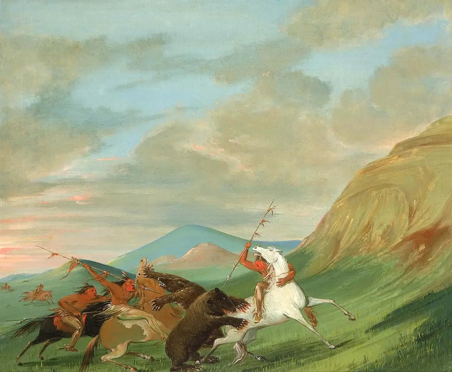 Grizzly bears attacking Indians on horseback - George Catlin