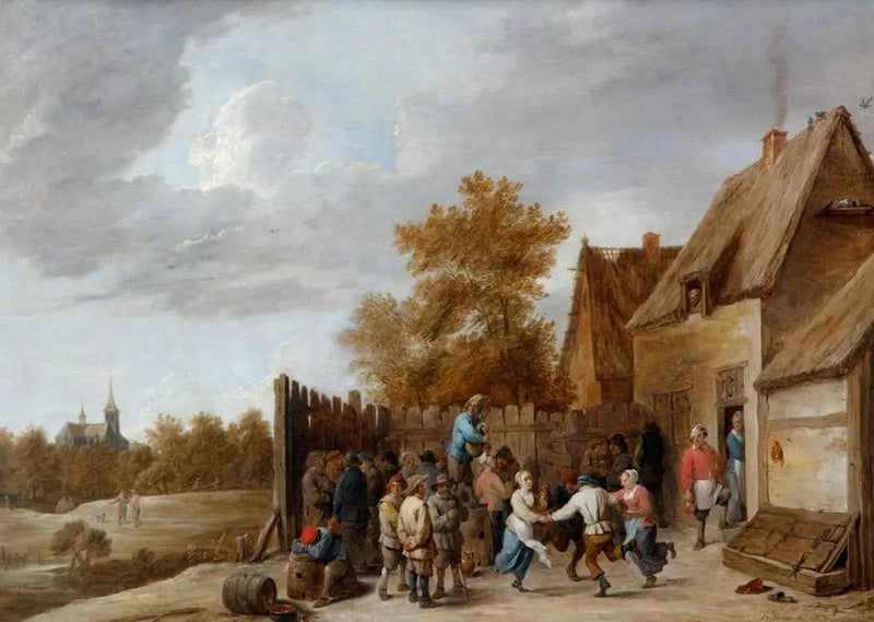 Peasants dancing in front of a tavern, with a village church in the distance - David Teniers the Younger