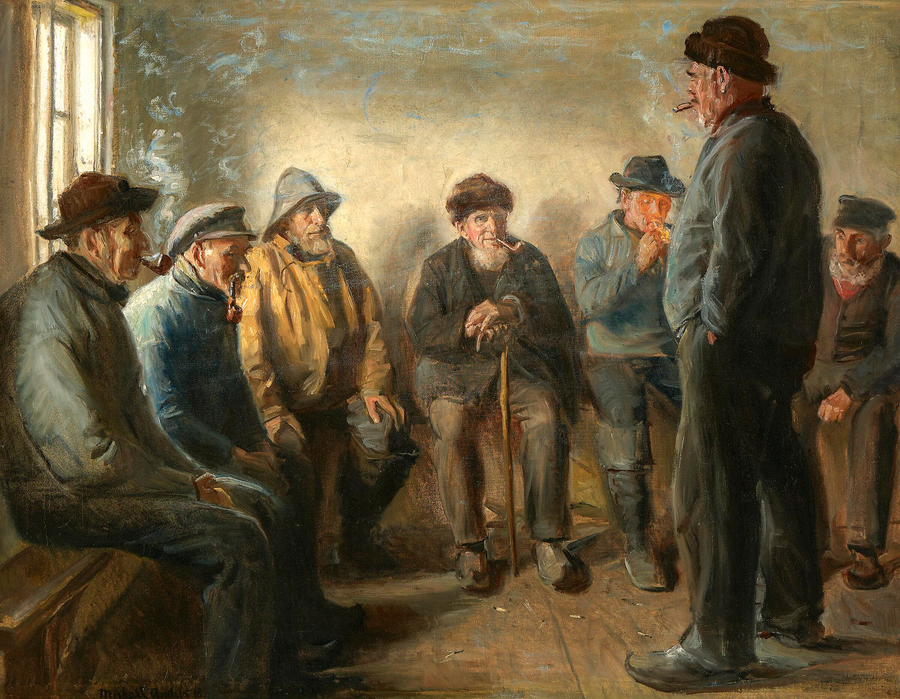 Fishermen in Brøndum's shop. - Michael Peter Ancher
