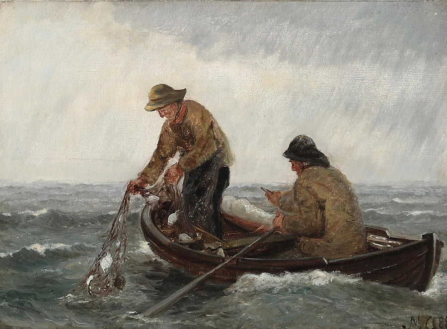 Fishermen in an inflatable boat retrieve their nets. - Michael Peter Ancher