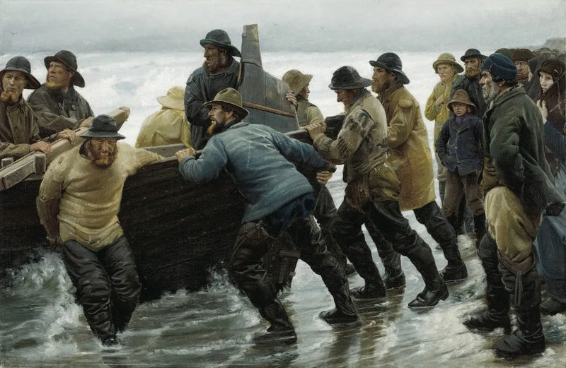 Fishermen launch a rowboat - Michael Peter Ancher