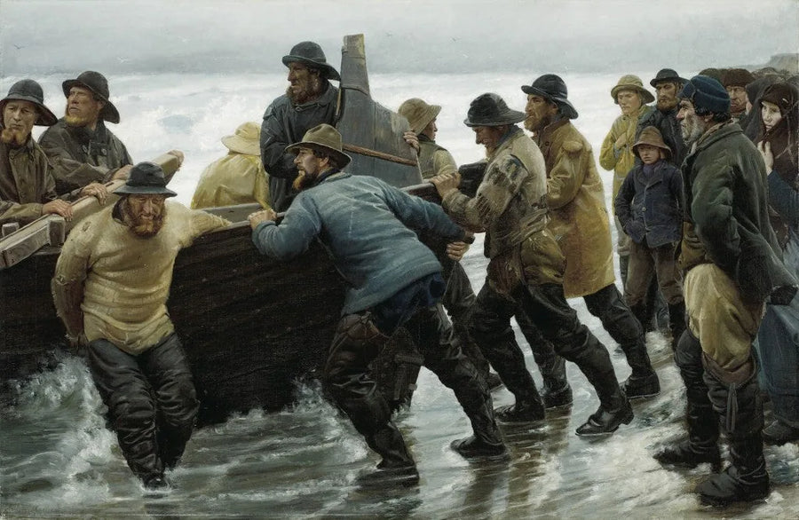 Fishermen launch a rowboat - Michael Peter Ancher