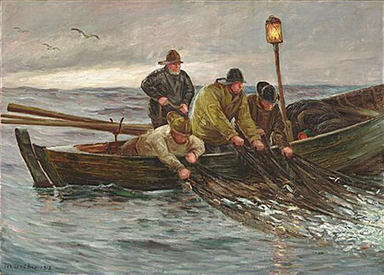 Fishermen are dragging nets from their boat. - Michael Peter Ancher