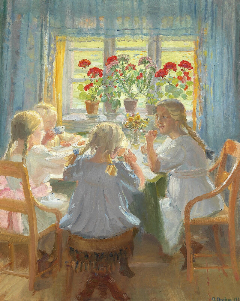 Little girls are having tea in Nordstuen at the Anchers' house on Markvej, Skagen. - Anna Ancher