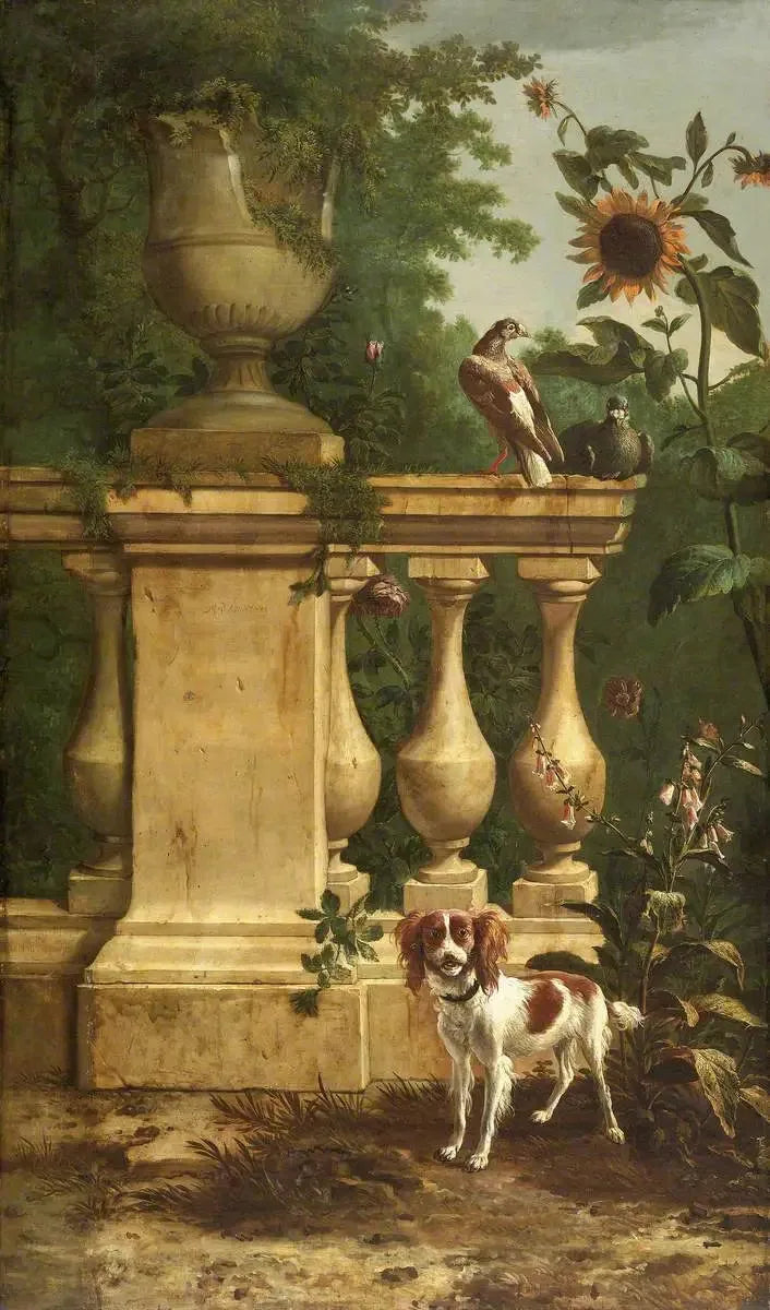 Pigeons and a dog in a garden - Melchior de Hondecoeter