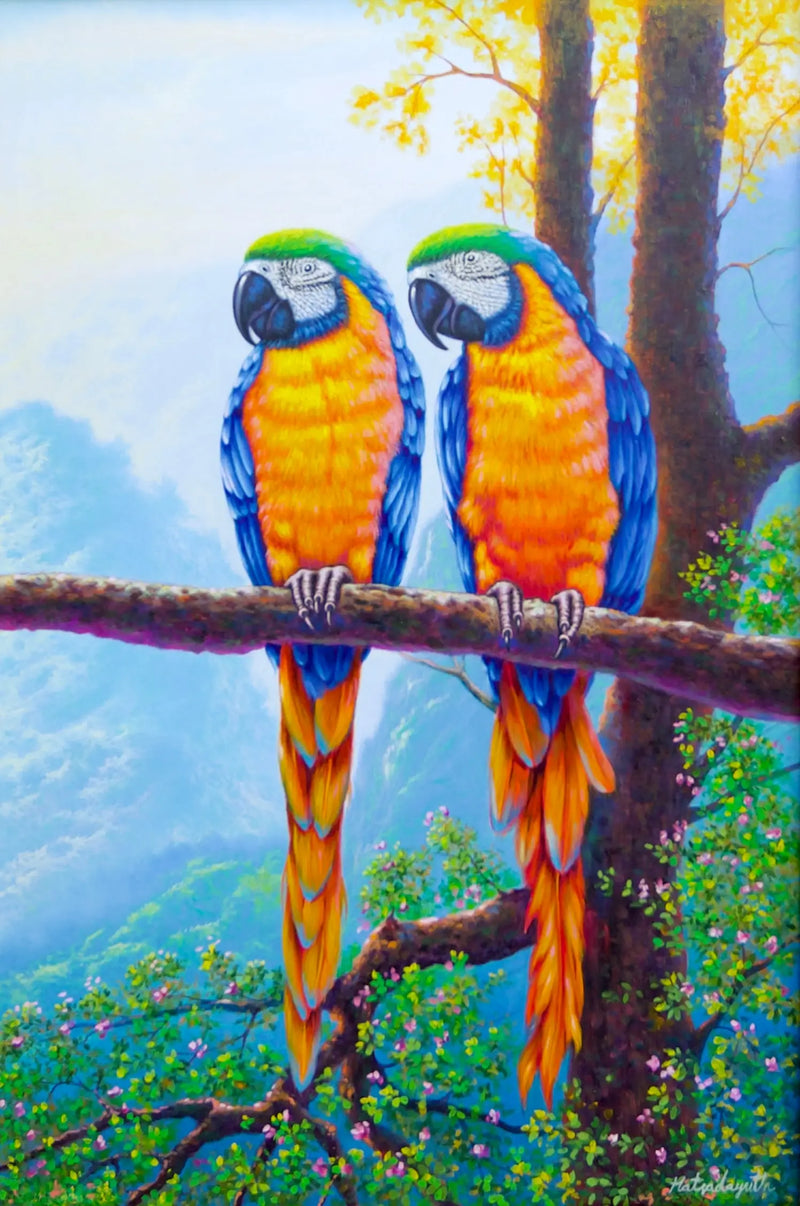 Two Macaws on a Branch | 60 x 90 cm