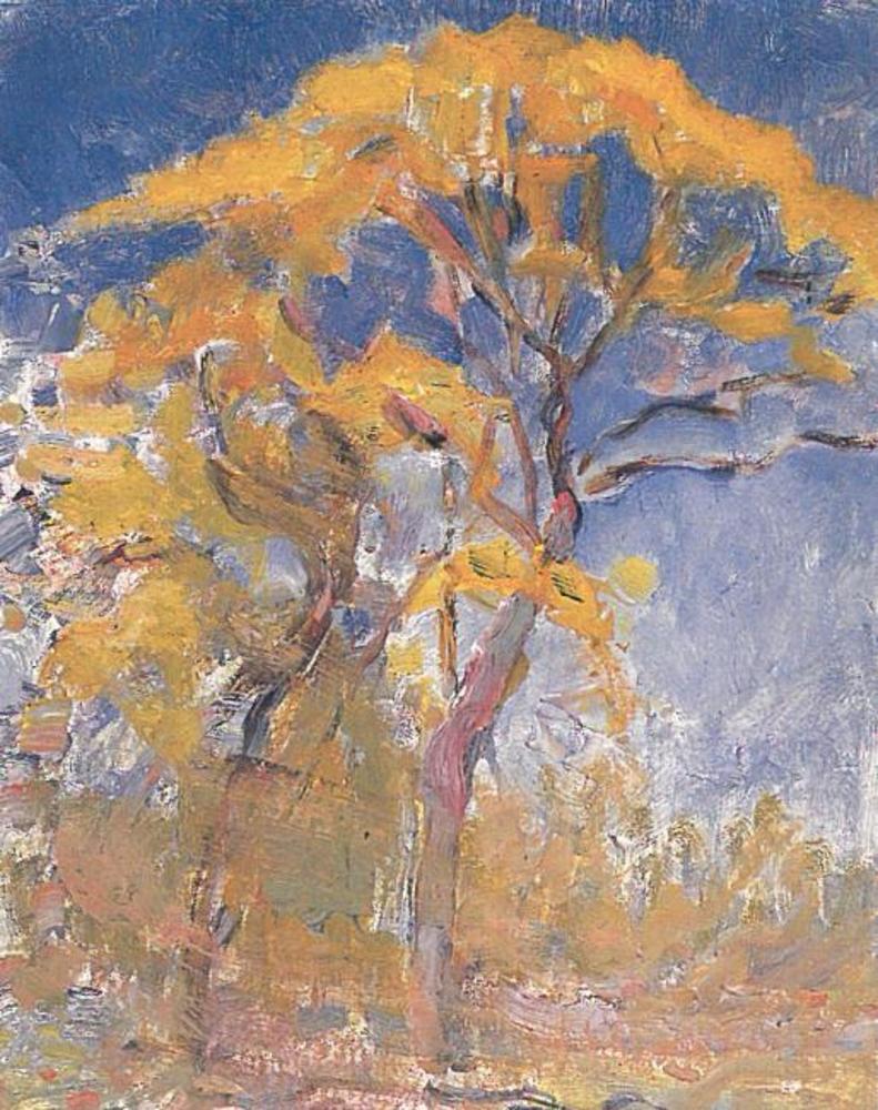 Reproduction du tableau « Deux arbres au feuillage orange contre le ciel bleu - Piet Mondrian » par Alpha Reproduction en peinture à l’huile
